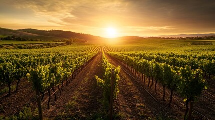 Fototapeta premium Sunset over vineyard fields with rows of grapevines stretching to the horizon