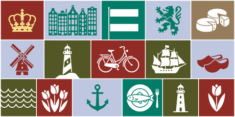 Collection of Dutch cultural icons and symbols arranged in a grid pattern. © Riki