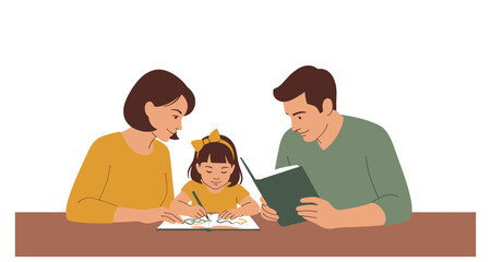 Fototapeta premium Family reading together illustration on transparent background