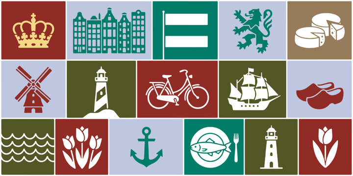 Collection of Dutch cultural icons and symbols arranged in a grid pattern.