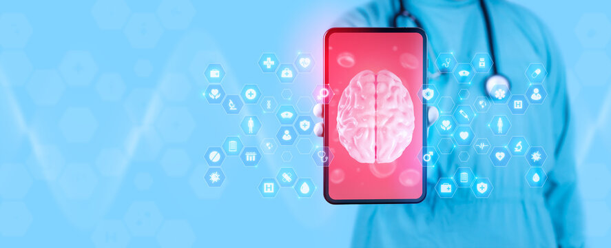 A neurologist holds a tablet displaying a brain image. Concept of telemedicine and digital brain health, AI. Remote early detection of epileptic foci and monitoring of cognitive decline.
