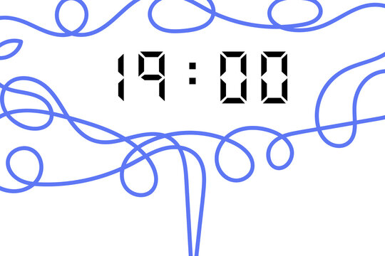 digital clock showing 19:00 with blue abstract lines on a white background