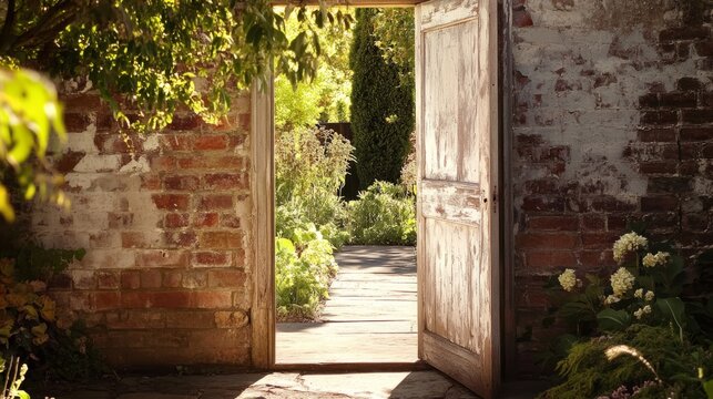 Old wooden door opens to a sunny garden path surrounded by plants and trees in late afternoon light