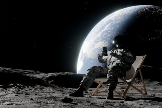 3D moon selfie astronaut relaxing beside glowing planet