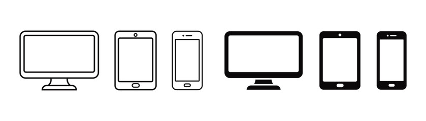 Collection of modern screen technology icons including desktop computer monitor tablet and smartphone in outline and solid black styles for web design development and digital media interface. © anamull2004