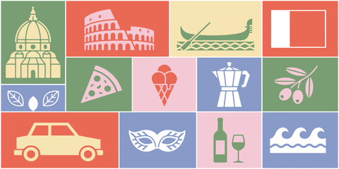 Collage of Italian cultural icons and symbols, including landmarks, food, and travel. © Riki