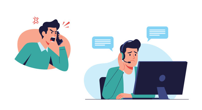 Stressed customer service representative with a headset being yelled at by an angry client on a phone during a difficult support call.