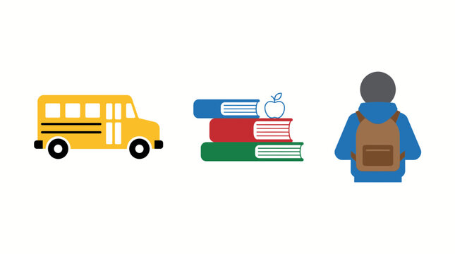 Back to School icons: Bus, Books, and Apple