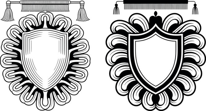 Vector emblems with shield crests and decorative borders coat of arms illustration heraldry decorative guarantee authentication identity