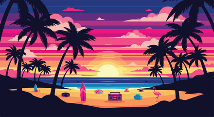 Obraz premium Vibrant neon sunset over tropical beach with silhouetted palm trees flamingos beach chairs and boombox