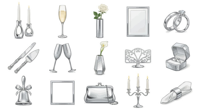 Polished Silver Metallic Wedding Clipart and Modern Decor Elements