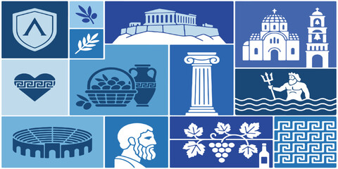Obraz premium Collage of Ancient Greek Symbols and Landmarks in Blue Tones.