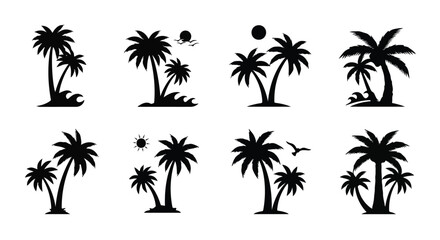 Fototapeta premium Set of black silhouette icons featuring tropical palm trees with sun waves and birds for summer beach design