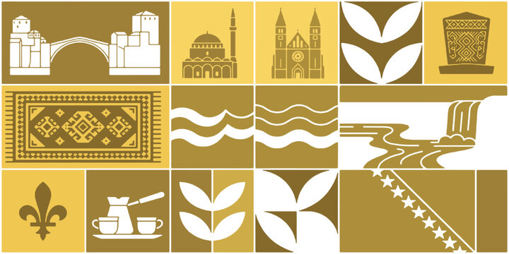 Montage of Bosnian cultural and natural landmarks with traditional motifs and symbols.