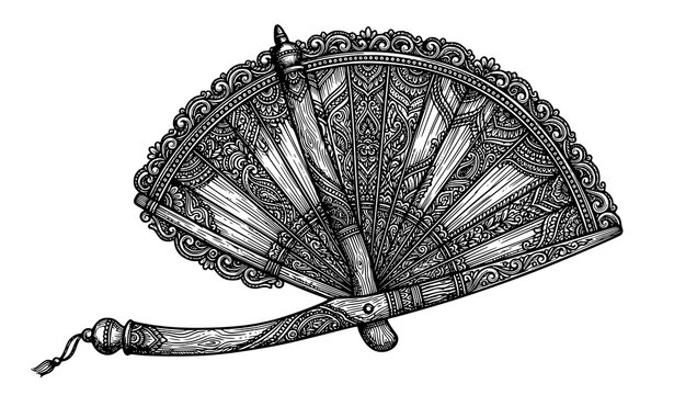 Decorative tal patar pakha vector illustration black and white traditional palm leaf fan engraving style