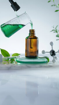 Green liquid pouring from beaker into bottle amidst cannabis leaves and chromatography equipment