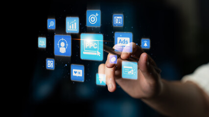Fototapeta premium Concept of marketing online strategy using digital marketing, PPC campaigns, social media ads, and SEO analytics. Marketing online improves visibility, digital marketing drives engagement. Entice