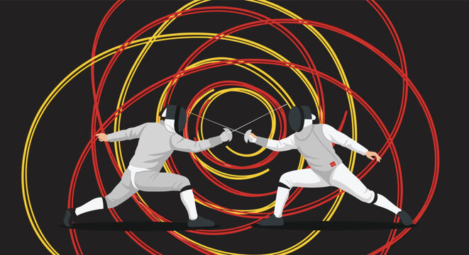 Two professional fencers engaged in a dynamic sword duel against a dark background with colorful light trails of their movements.