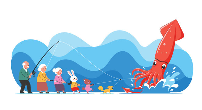Group of happy elderly people and children working together with small animals to pull a giant red squid out of the deep blue sea.