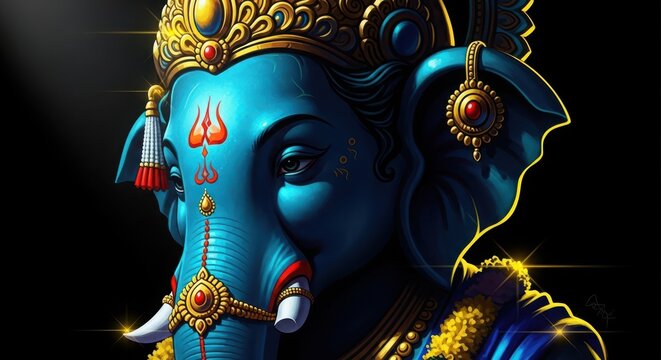Blue Ganesha deity with ornate crown and jewelry against a dark background and divine light