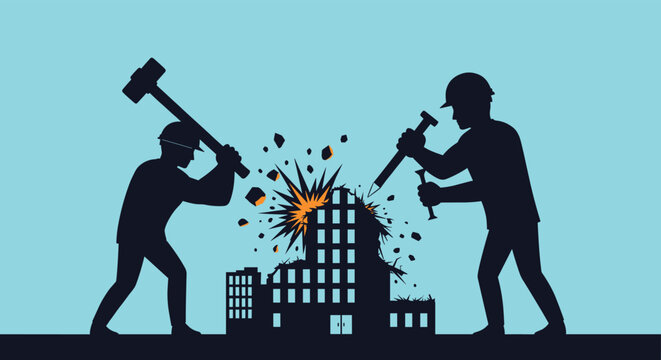 Silhouettes of two construction workers using heavy tools like a sledgehammer and jackhammer to demolish a tall urban building.