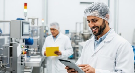 Naklejka premium Professional food industry technician monitors production processes using a digital tablet inside a sterile manufacturing facility.