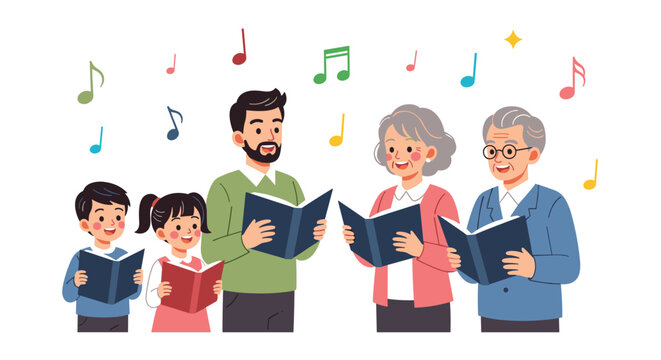 Large family of different generations gathered together to sing from books with colorful musical notes floating above them.