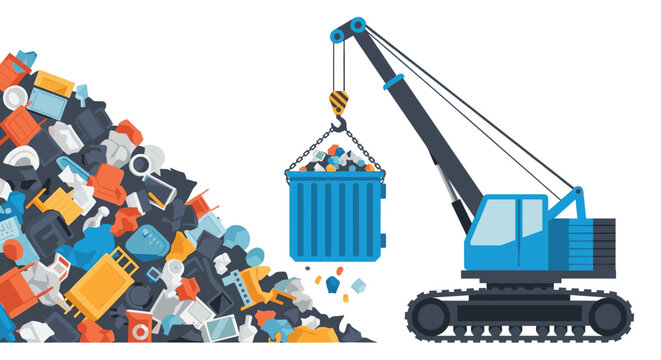 Industrial crane at a recycling center lifts a large blue container filled with sorted plastic and metal waste for processing.