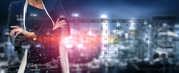 A business professional stands confidently with crossed arms, overlaying a calendar and a vibrant city skyline, symbolizing time management and corporate strategy. Cyphers © InfiniteFlow