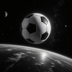 Naklejka premium soccer ball orbiting earth at night world cup space fantasy concept black and white professional with sharp focus glow effect low angle starry sky background planets moonlight textured ball shallow de