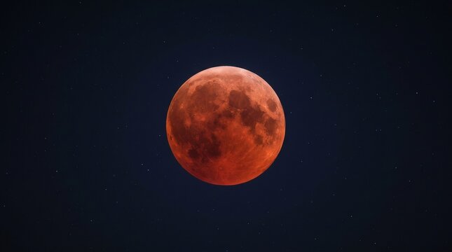 Total Lunar Eclipse Blood Moon in Night Sky, Vibrant Red Moon, Celestial Astronomy Phenomenon, Clear Space Background, Premium Stock Photography
