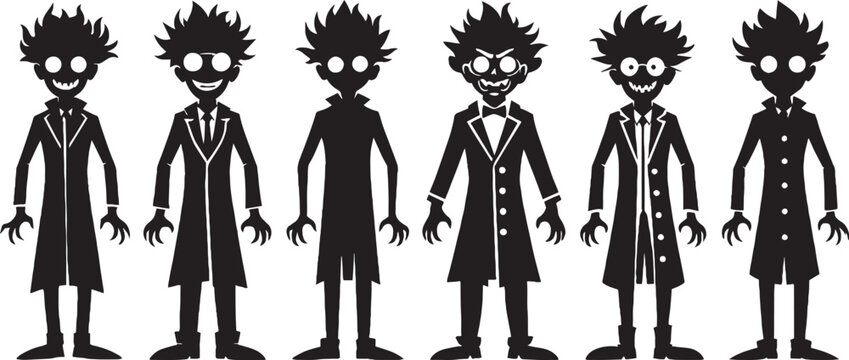 Mad scientist silhouette collection, crazy inventor character set with messy hair and lab coats, spooky professor vector icons for Halloween