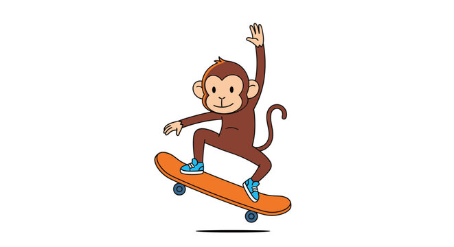 Fun cartoon monkey performing an impressive jump on a skateboard against a clean white background in a playful style.