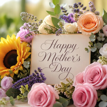 elegant happy mothers day cursive message surrounded by pastel roses lavender sunflowers vibrant botanical arrangement serene soft natural light shallow depth of field high quality joyful atmosphere w