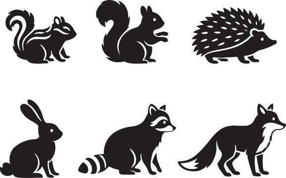 Forest animal silhouettes set, black woodland creature icons, minimalist wildlife vector illustrations of fox raccoon squirrel and rabbit