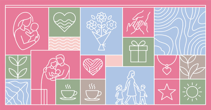 Mother's Day celebration with various icons representing family, love, and gifts in a pastel color palette.