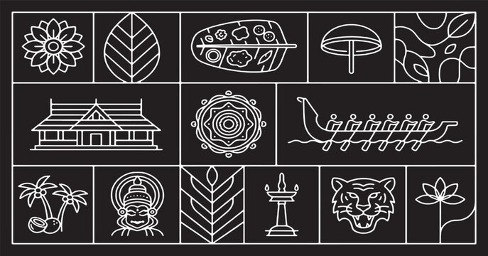 Collection of Indian cultural icons and symbols in white line art on a black background.