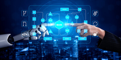 Naklejka premium Human and Robot Hand Reaching Towards a Digital Interface with Technology Graphics and Futuristic Elements in a High-Tech Setting Quark.