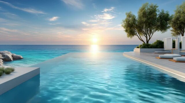 Infinity pool merges with the vast turquoise ocean under a clear blue sky, creating a serene and luxurious tropical retreat perfect for a relaxing vacation