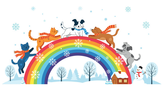 Adorable dogs and cats wearing colorful winter scarves play on a bright rainbow in a snowy landscape with a snowman.