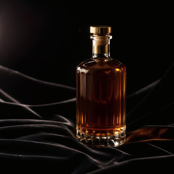 premium whiskey photography dramatic spotlight on luxurious black velvet no label high end commercial aesthetics deep shadows highlights accentuating texture color impeccable focus for