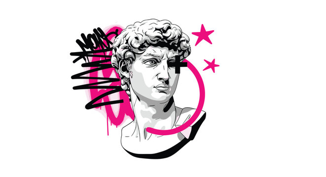 Modern art collage featuring the classical Michelangelo David statue bust with vibrant neon pink and black graffiti splatters and stars.