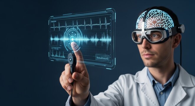 Futuristic neuroscientist in advanced brain-computer interface headset and VR goggles interacts with holographic brainwave data, representing innovative AI and medical research