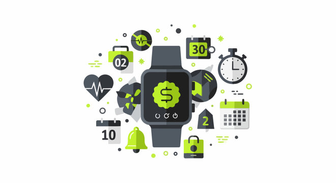 Smartwatch Digital Interface with Health Fitness Financial and Time Management Icons Flat Vector Illustration