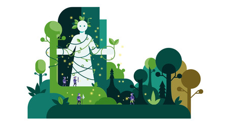 Fototapeta premium Stylized forest scene with statue and knights on transparent background