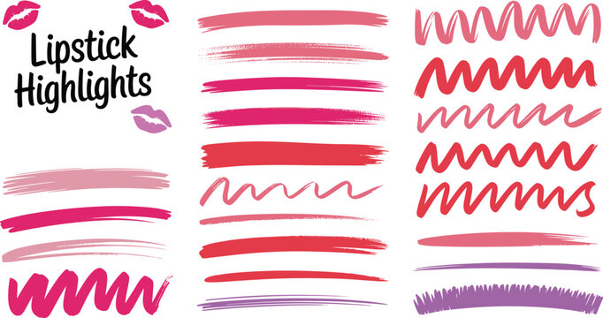 Vector illustration of lipstick highlights with colorful brush strokes and lip icons symbolizing makeup, beauty, and cosmetic design