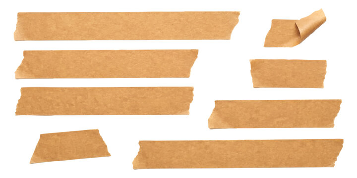 Set of brown paper adhesive tape strips and masking tape pieces for office work and craft projects