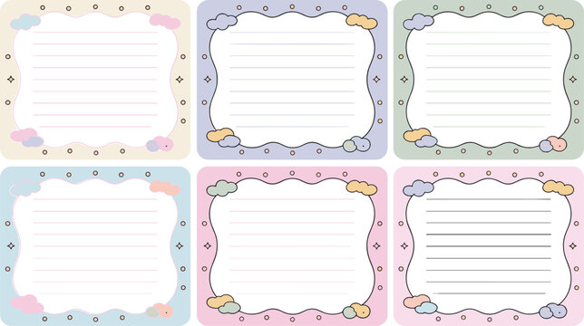 Vector illustration of pastel decorative note cards with cloud borders and lined writing space for journaling and creative stationery