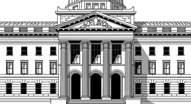 Minimalist black and white neoclassical government building facade illustration