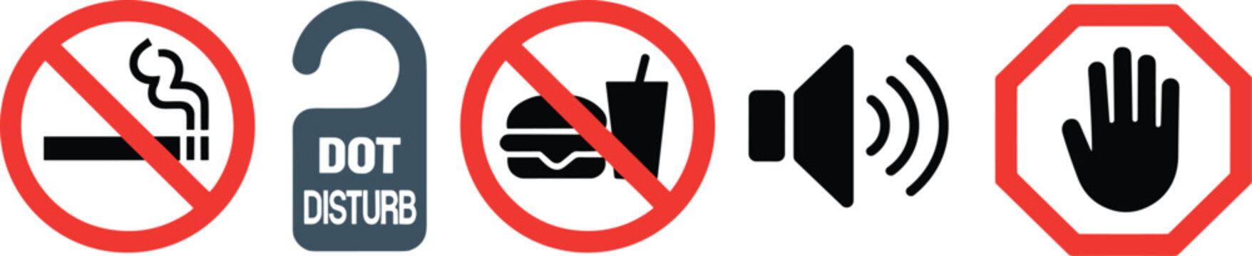 Vector illustration of prohibition and warning icons including no smoking, no food, do not disturb, sound, and stop hand symbols